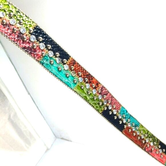 Guess Vibrant Mock Snakeskin Reptile Studded Beaded Belt Silver Buckle Size XS.. - Picture 10 of 14